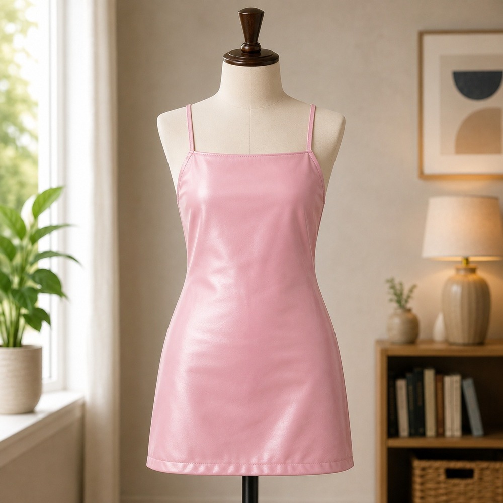 NWT Tic Toc Faux Leather Apron Mini Dress Womens Small Pink Open Back DA25619